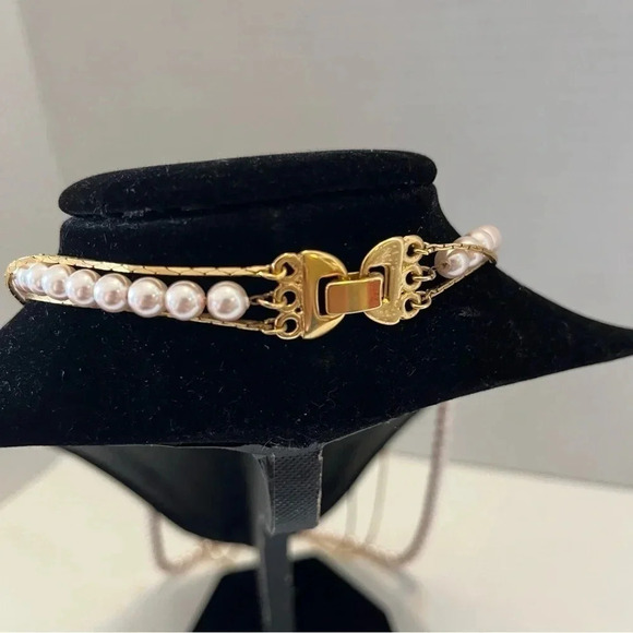 Gold Tone Faux Pearl Multi Strand Chain 3 Layer Long Statement Necklace Jewelry - Picture 3 of 4